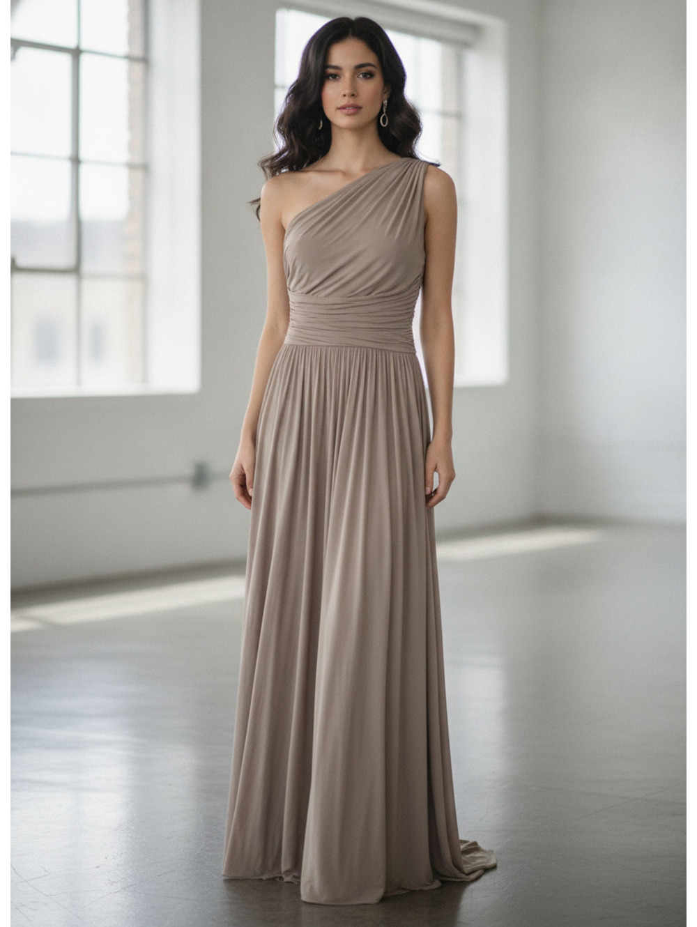 Ronny Kobo Taupe One Shoulder Maxi Dress